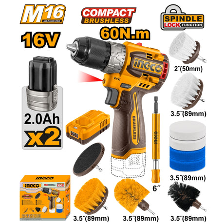 Ingco cordless drill with accessories on a white background