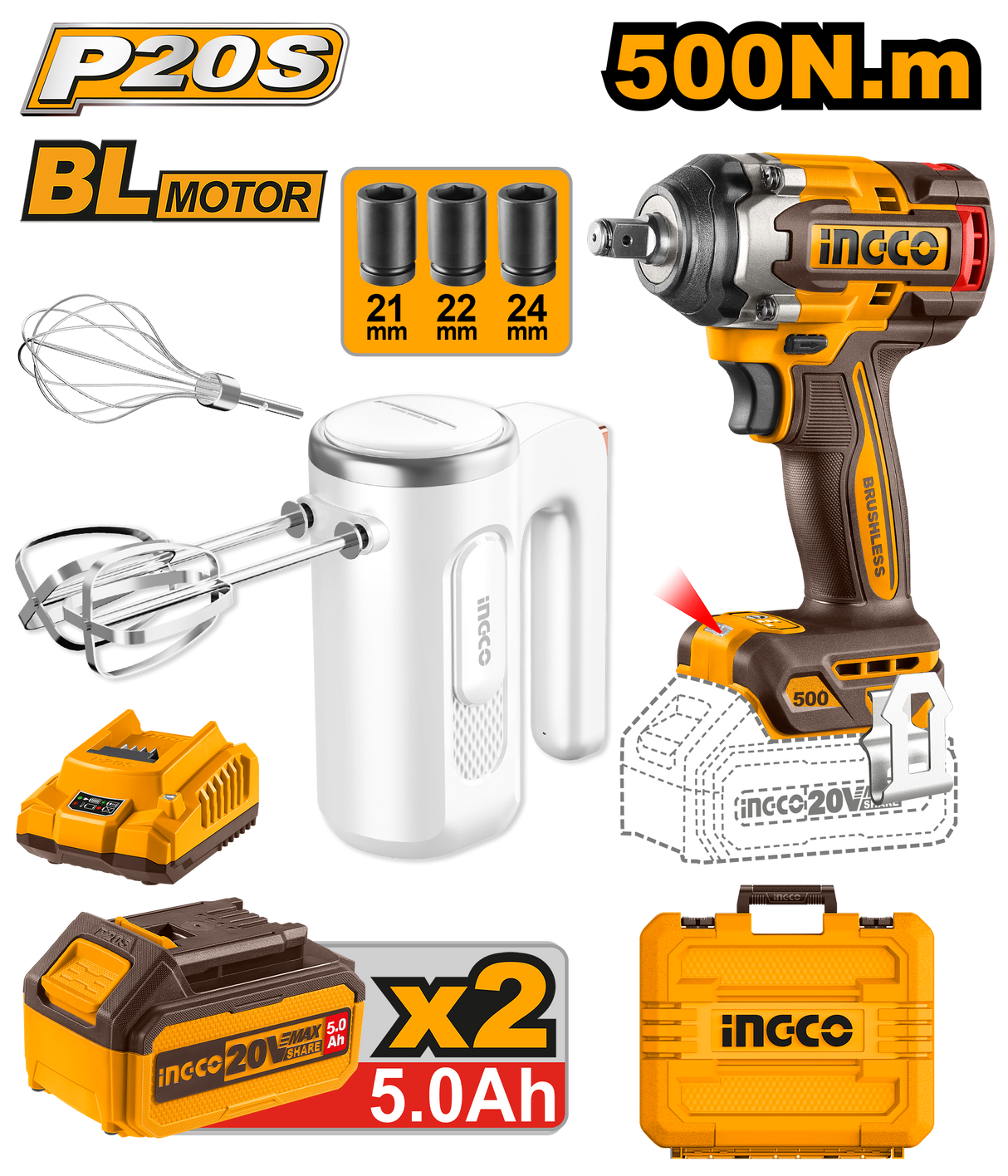 P20S/20V 2PCS Combo Kit with Lithium-Ion Cordless Impact Wrench COSLI240787 ING-COR