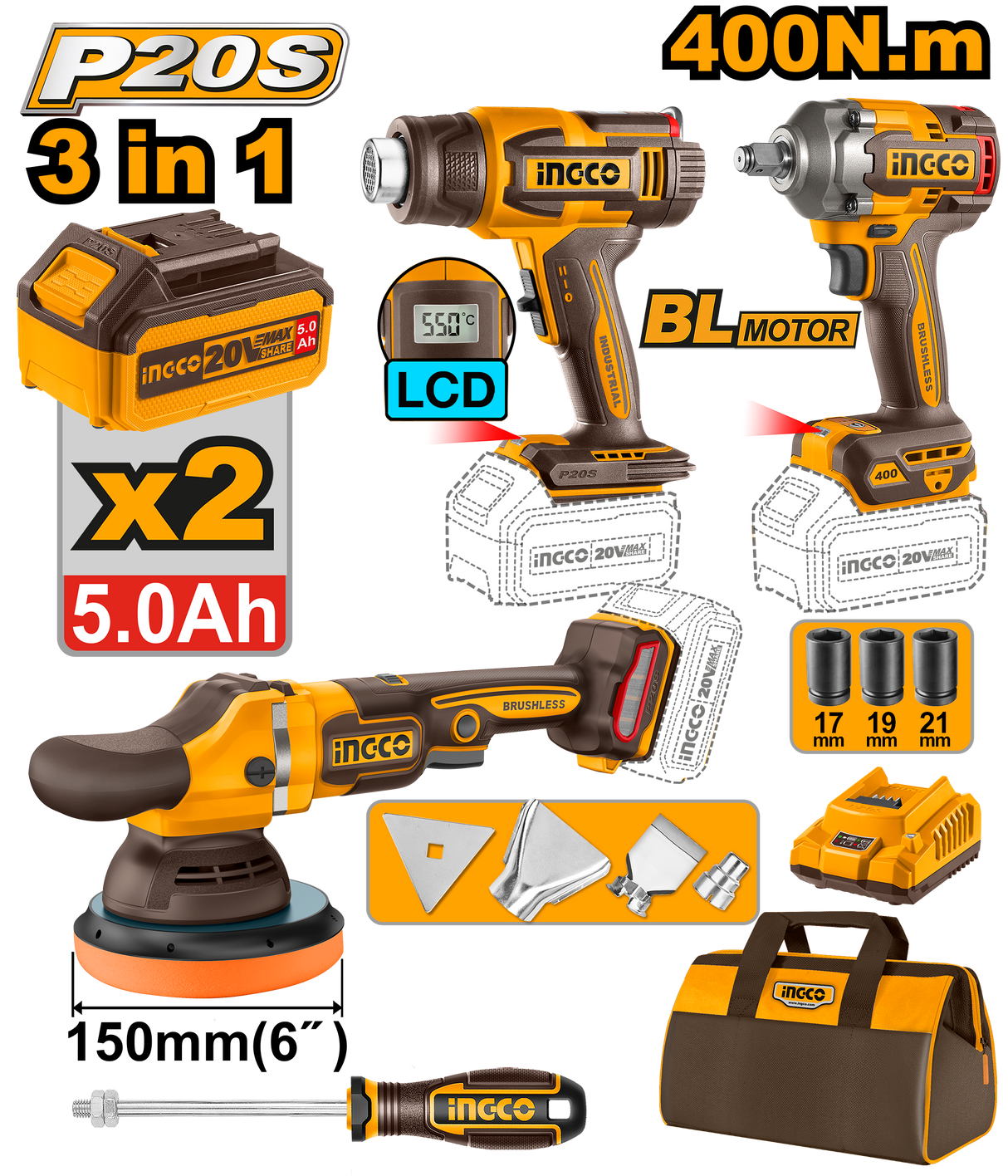 INGCO P20S 20V 3-piece cordless impact wrench combo kit