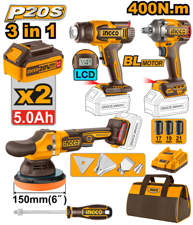 INGCO P20S 20V 3-piece cordless impact wrench combo kit