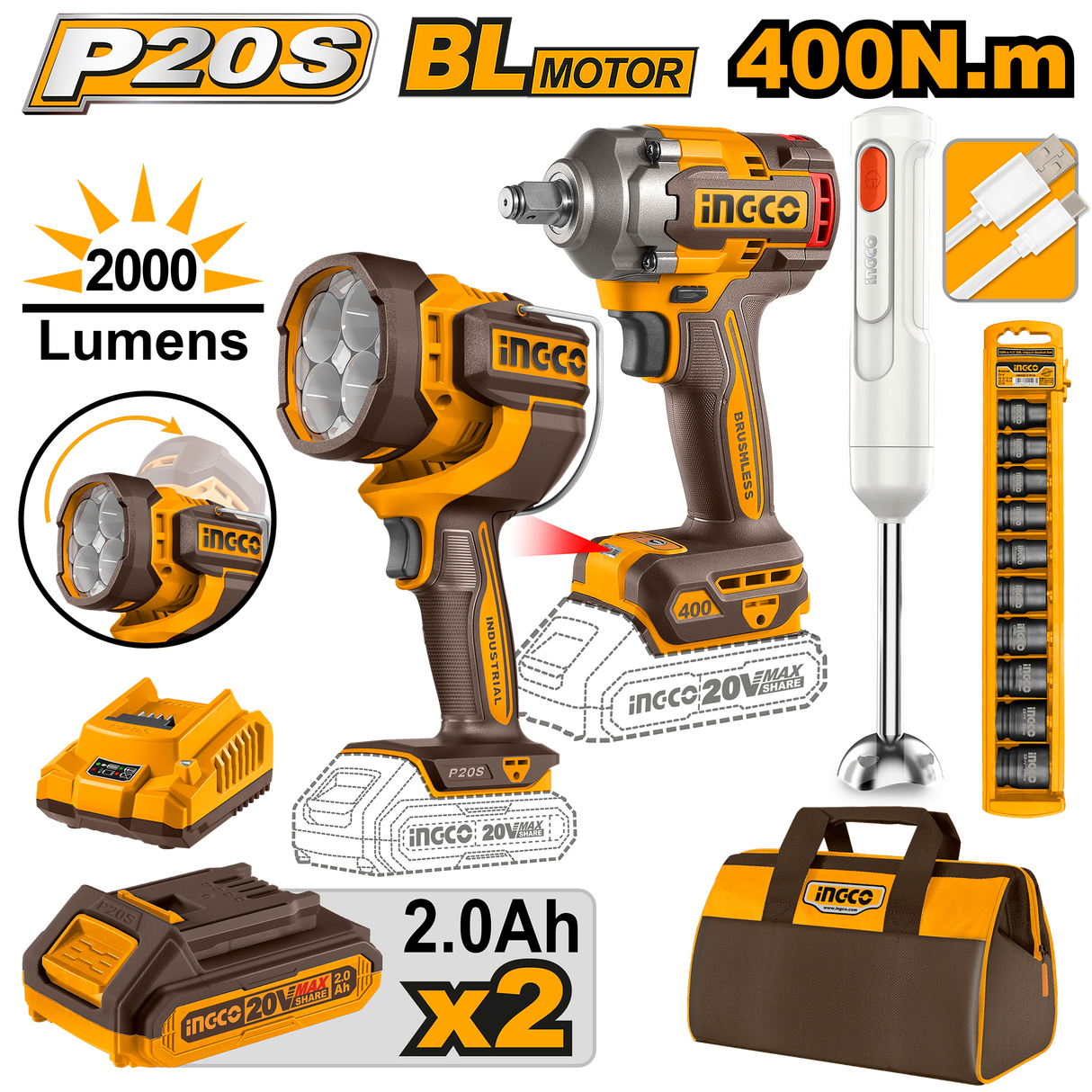 P20S/20V 4PCS Combo Kit with Lithium-Ion Cordless Impact Wrench COSLI240961 ING-COR
