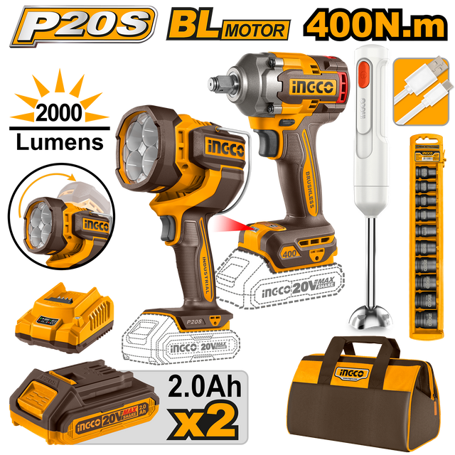 INGCO P20S 20V 4-piece cordless impact wrench combo kit