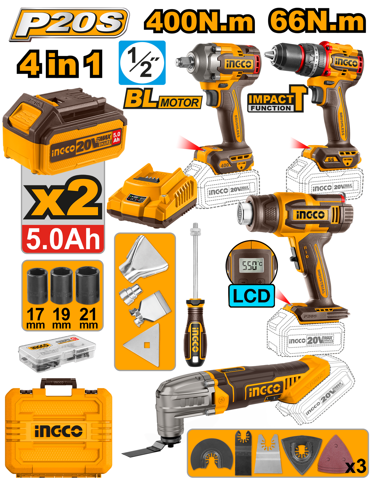 P20S/20V 4PCS Combo Kit with Lithium-Ion Cordless Impact Wrench COSLI240969 ING-COR