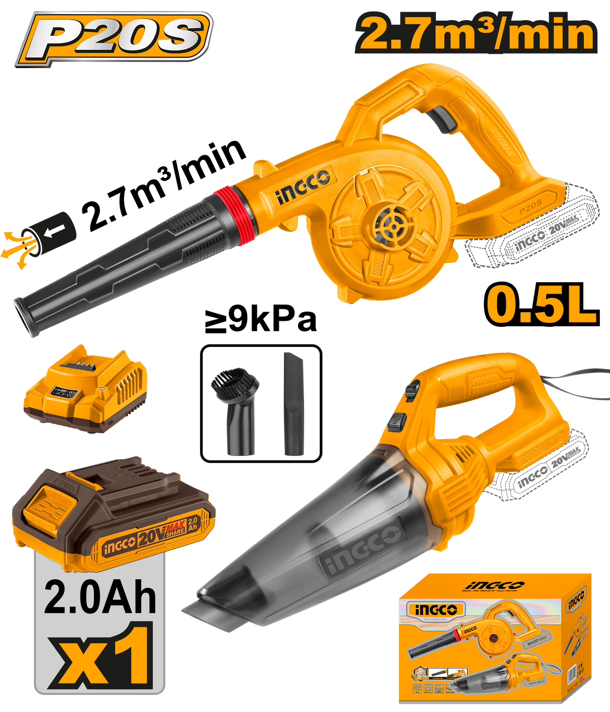 INGCO P20S 20V 2-piece cordless blower combo kit
