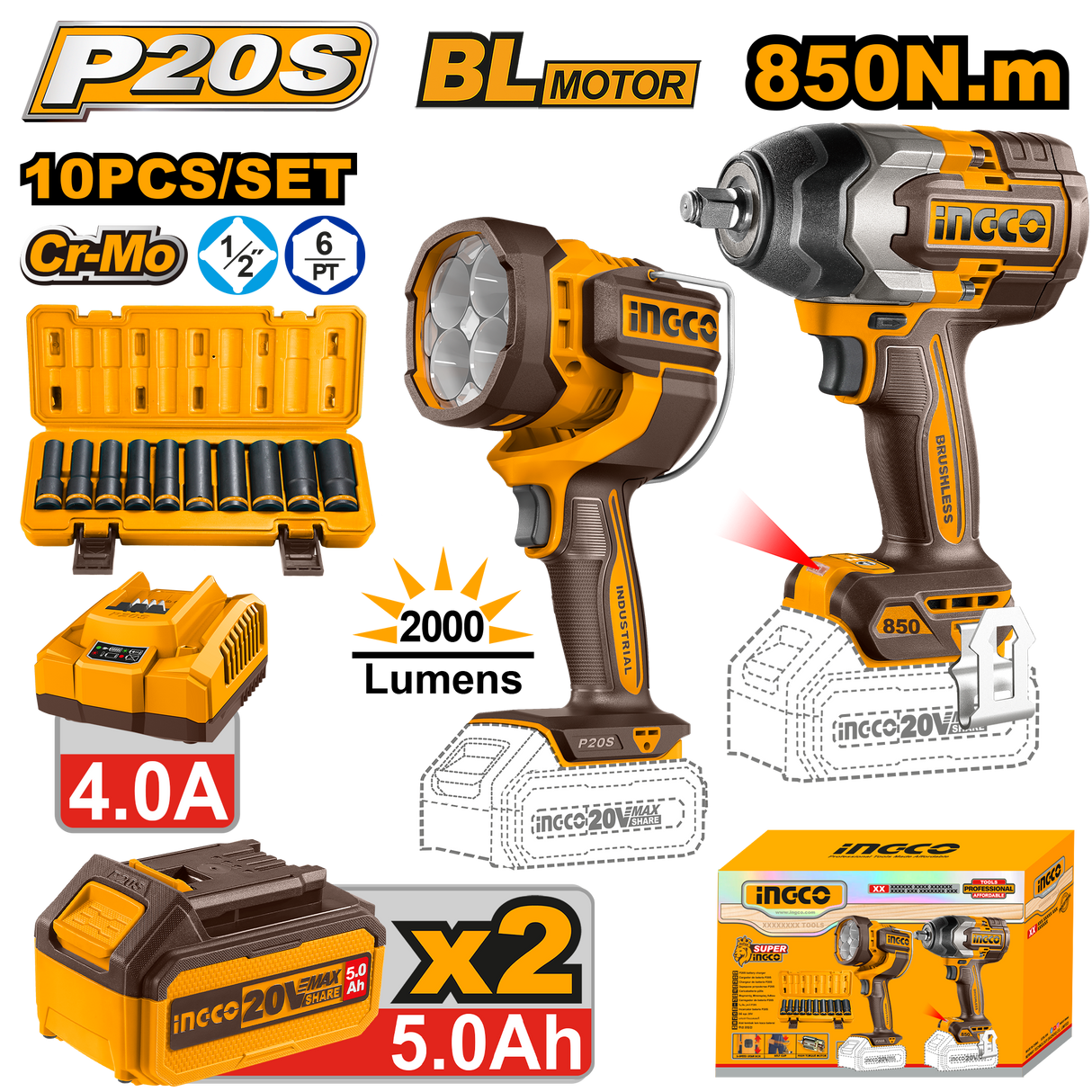 INGCO P20S 20V 2-piece cordless impact wrench combo kit