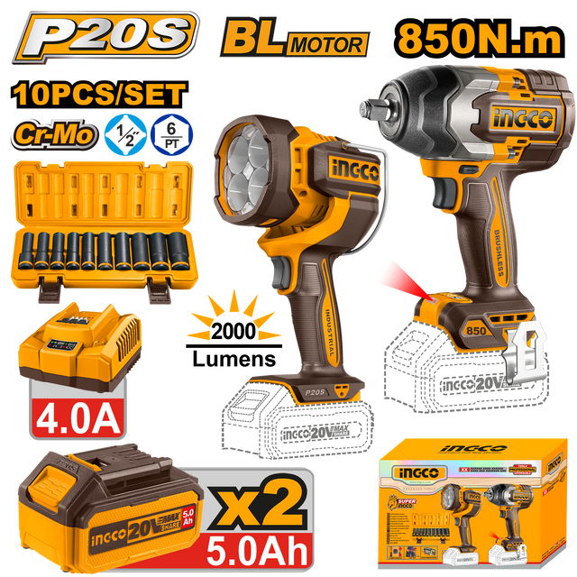 INGCO P20S 20V 2-piece cordless impact wrench combo kit