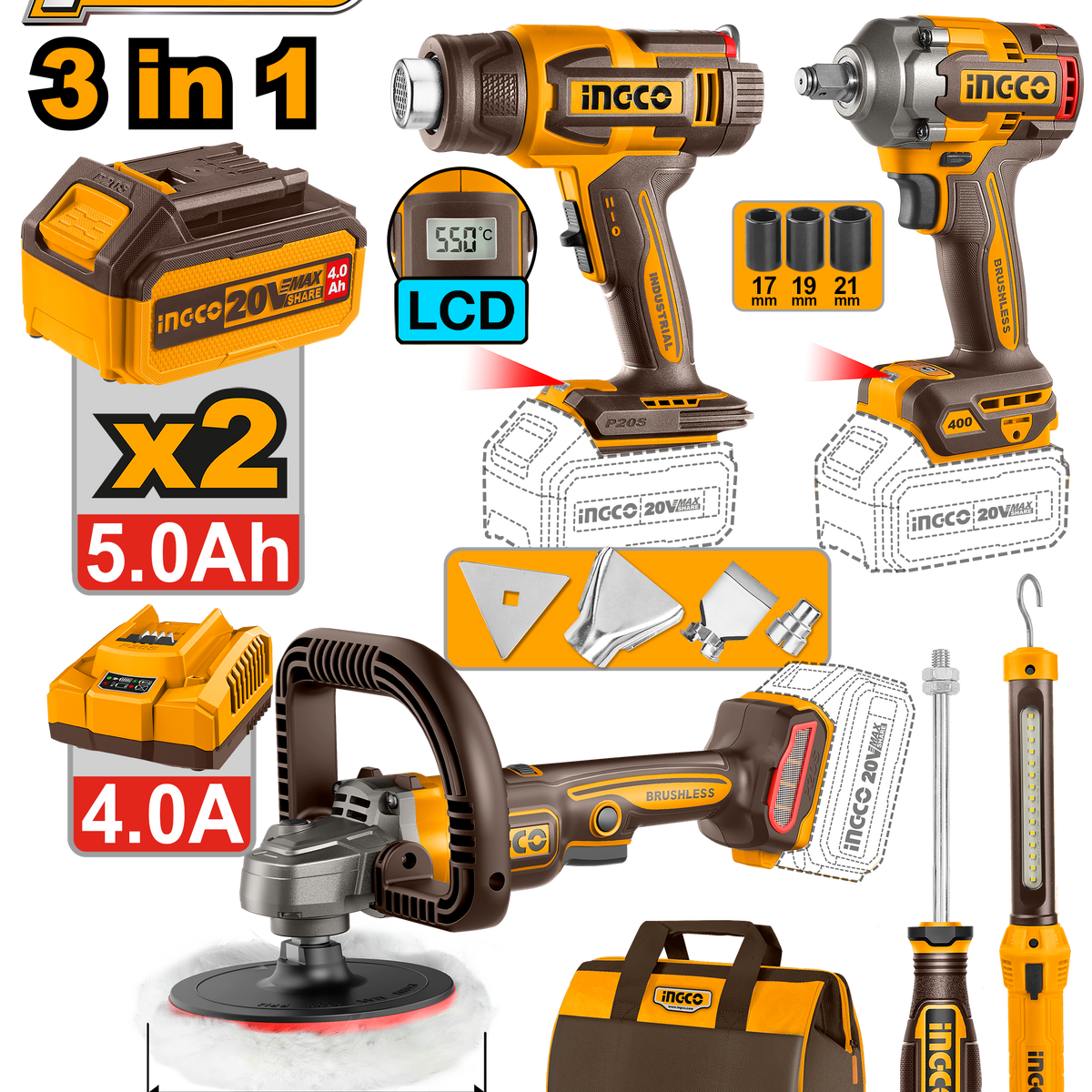 P20S/20V 4PCS Combo Kit with Lithium-Ion Cordless Polisher COSLI241182 ...