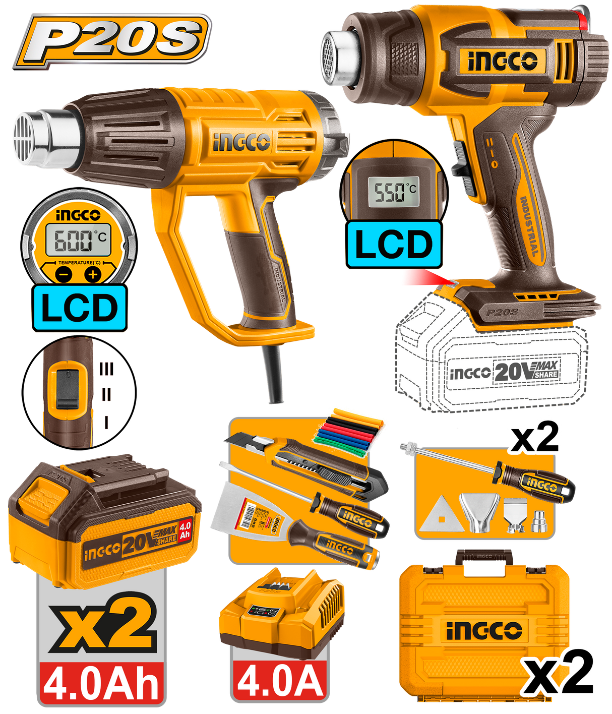 Ingco  P20S/20V 2PCS Combo Kit with Lithium-Ion Cordless Heat Gun COSLI241188 ING-CT