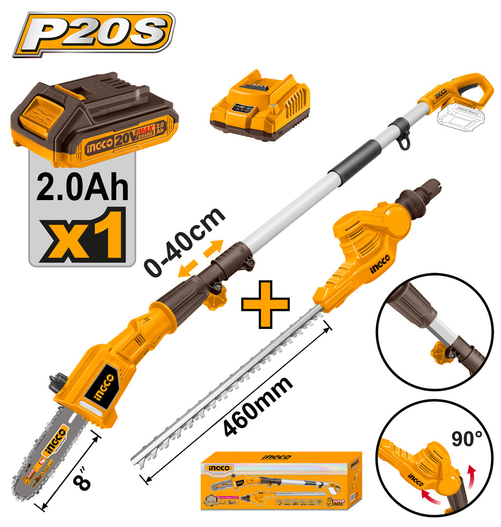 Ingco P20S 20V Lithium-Ion Pole Saw with Pole Hedge Trimmer CPTS201681