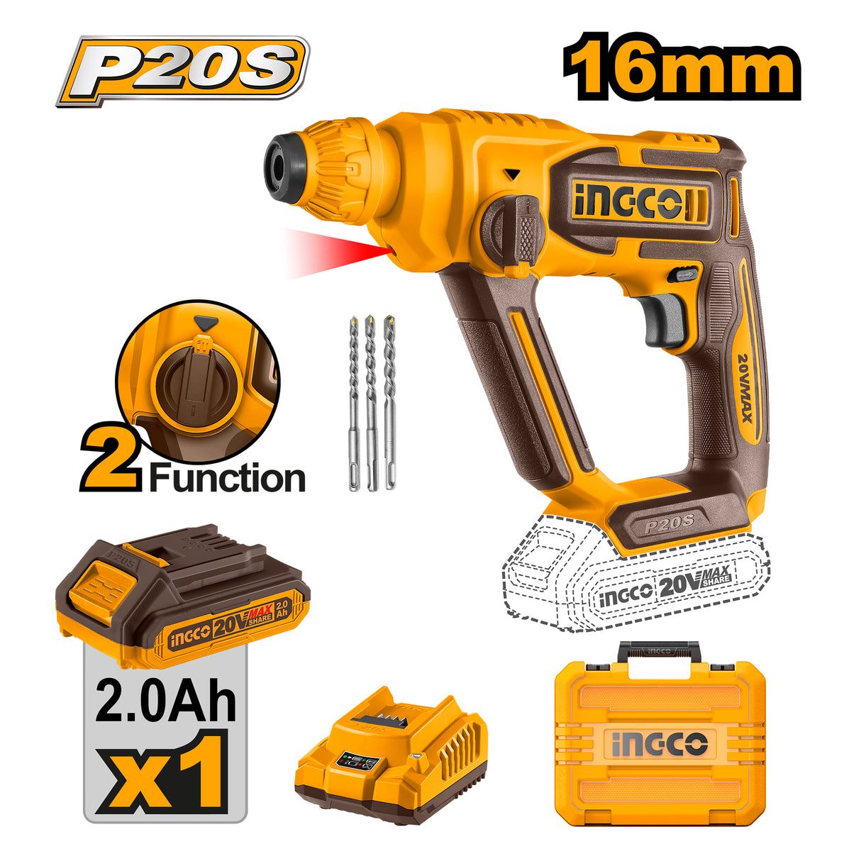 ingco p20s/ lithium-ion cordless rotary hammer ing-ct alternate view