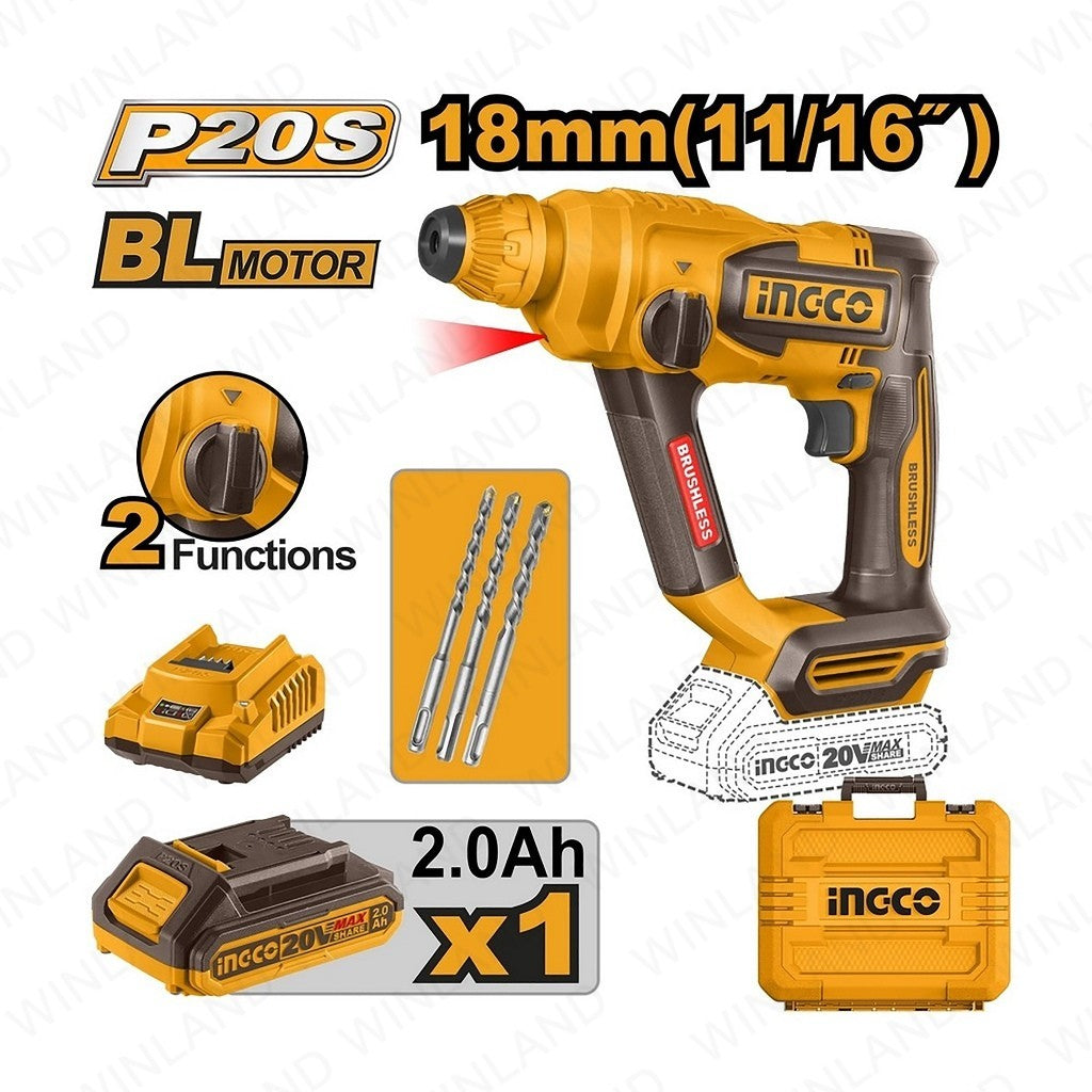 P20S/20V 18mm(11/16") Brushless Motor Lithium-Ion Cordless Rotary Hammer CRHLI201881 ING-COR