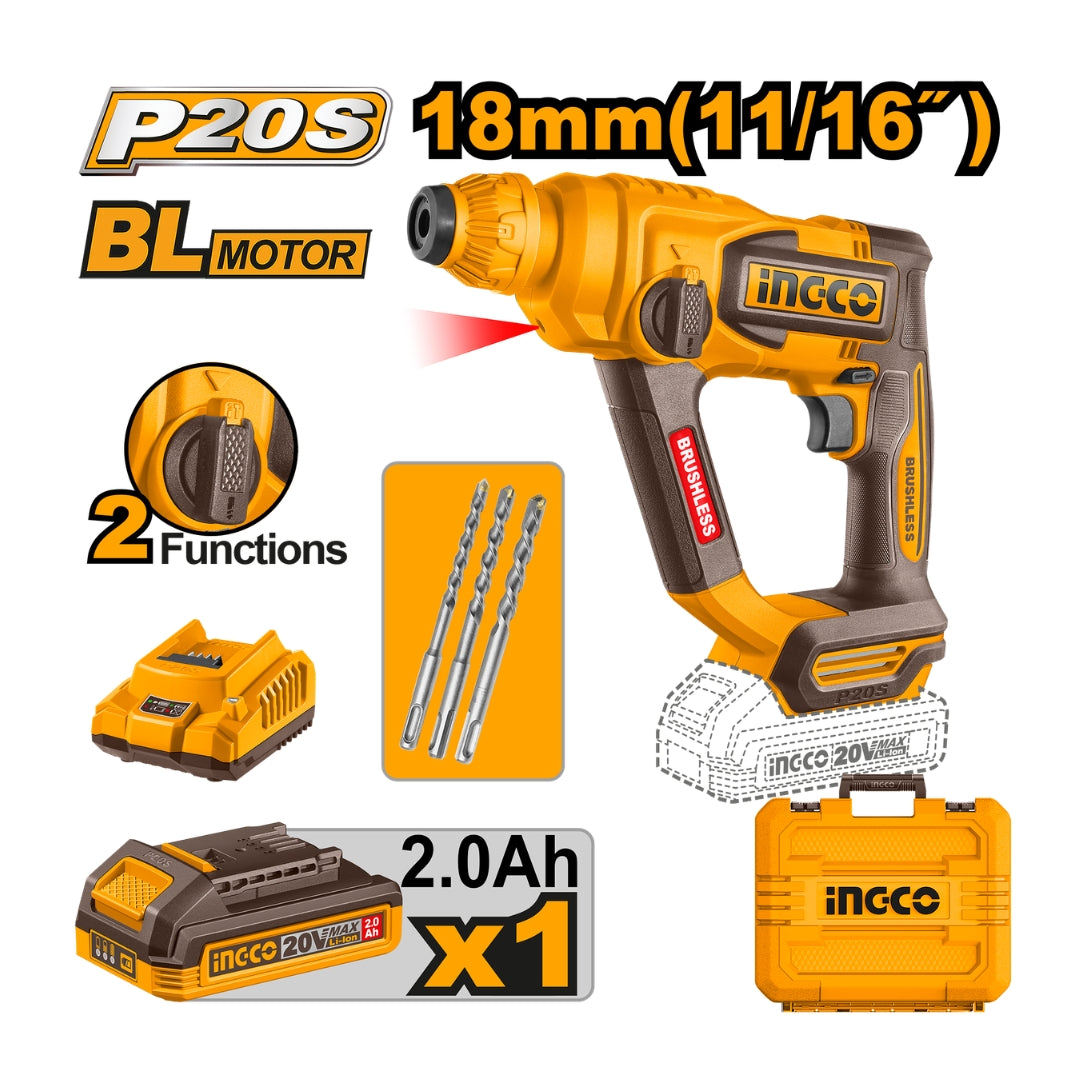 P20S/20V 18mm(11/16") Brushless Motor Lithium-Ion Cordless Rotary Hammer CRHLI201881 ING-COR