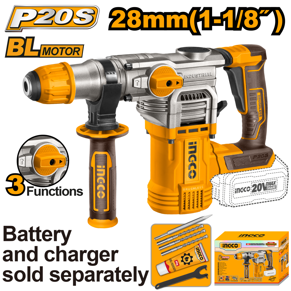 Brushless Motor Lithium-Ion Cordless Rotary Hammer 20V P20S CRHLI20288 ING-COR