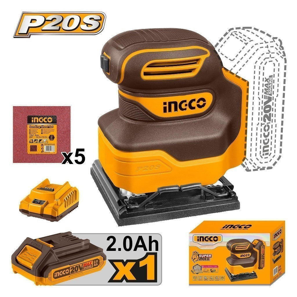Lithium-Ion Cordless Sheet Sander 20V P20S with 5pcs Sandpaper ING-COR