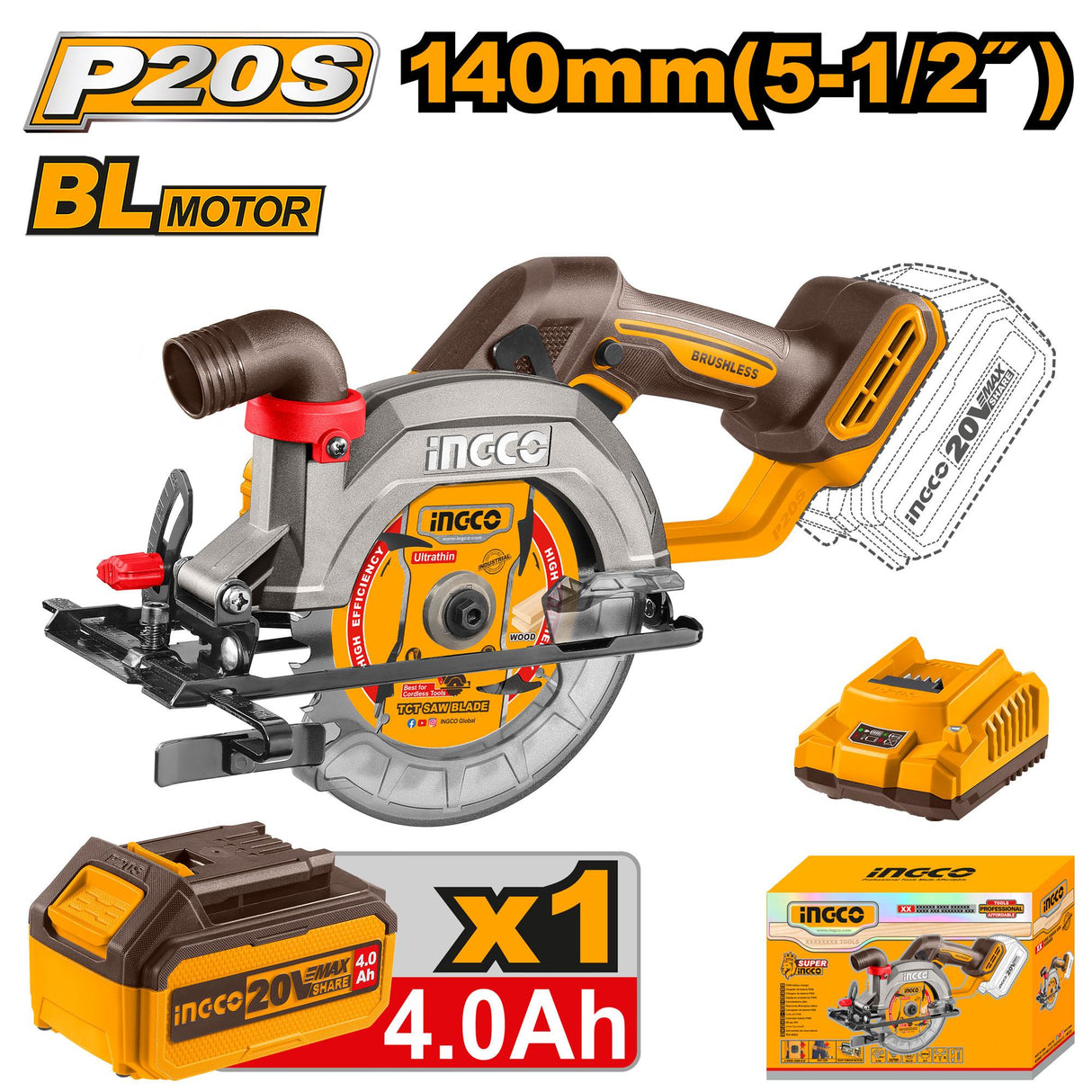 P20S/20V Lithium-Ion Cordless Circular Saw with Blower & Brushless Motor CSLI14021 ING-COR