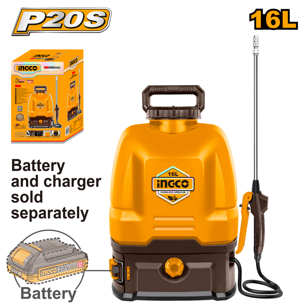 INGCO P20S 20V 16L lithium-ion knapsack garden disinfectant sprayer