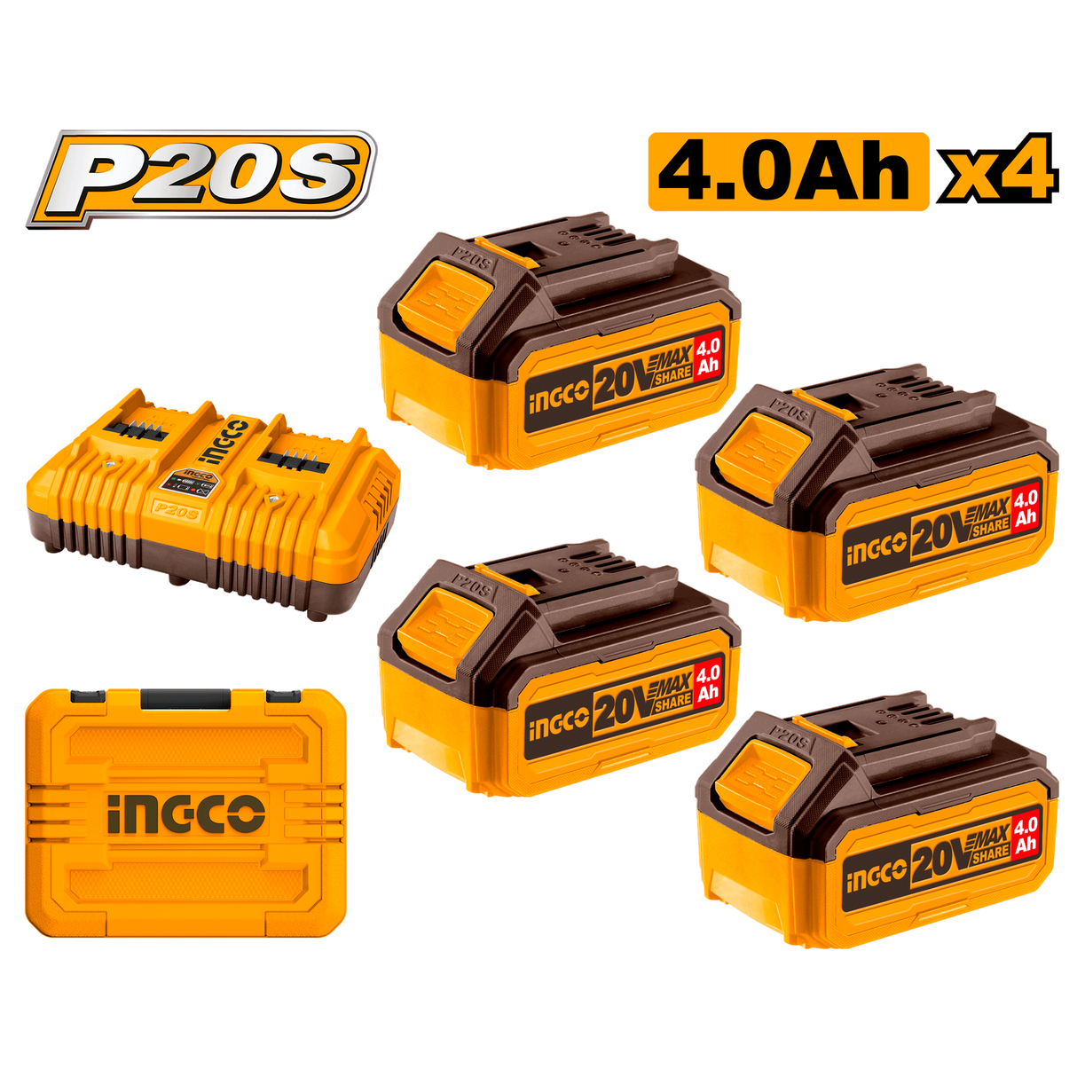 INGCO 4-piece P20S 20V lithium-ion battery and charger kit, 4.0Ah + 5.0Ah