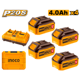 INGCO 4-piece P20S 20V lithium-ion battery and charger kit, 4.0Ah + 5.0Ah