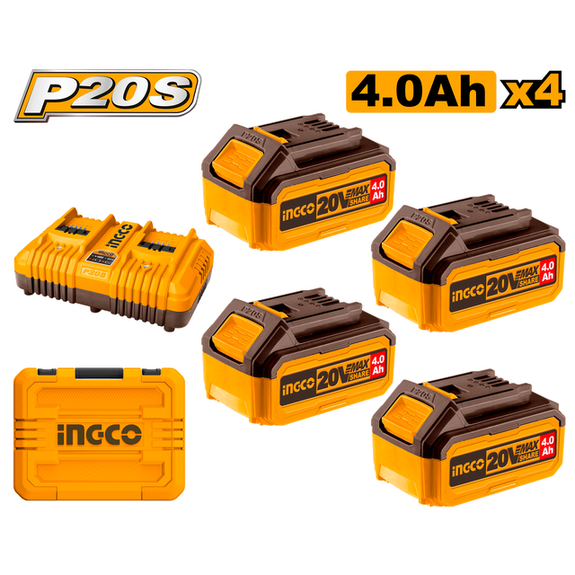 INGCO 4-piece P20S 20V lithium-ion battery and charger kit, 4.0Ah + 5.0Ah