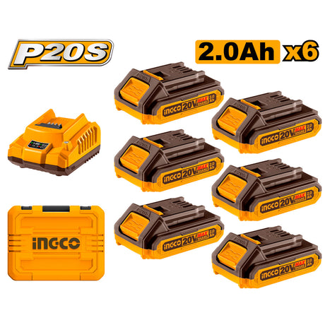 Ingco 6 Pcs P20S 20V Lithium - Ion Battery and Charger Kit FBCLI20611 - Winland Depot