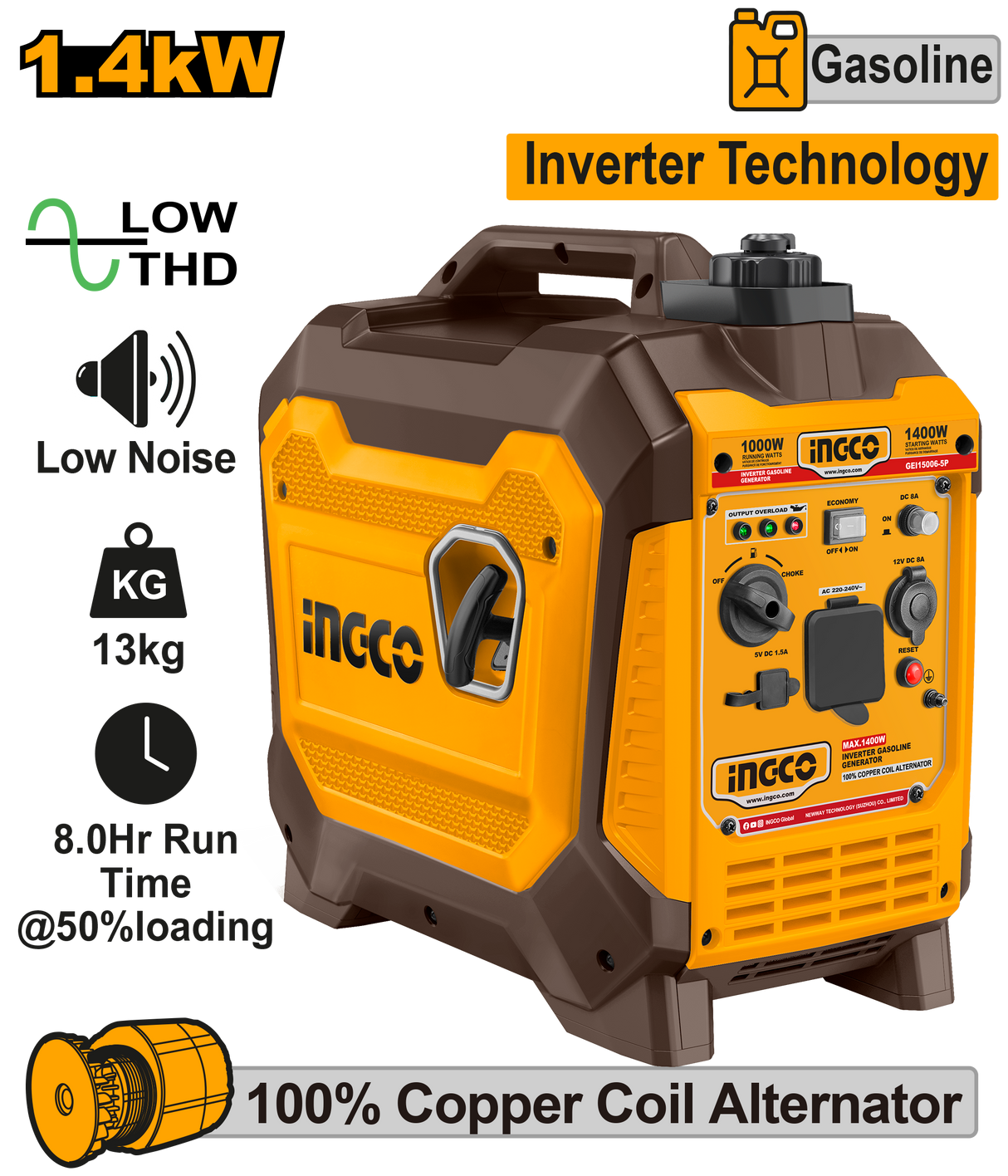 Ingco Inverter Gasoline Generator 1.5KVA (220-240V 50Hz) GEI15006-5P ING-EN