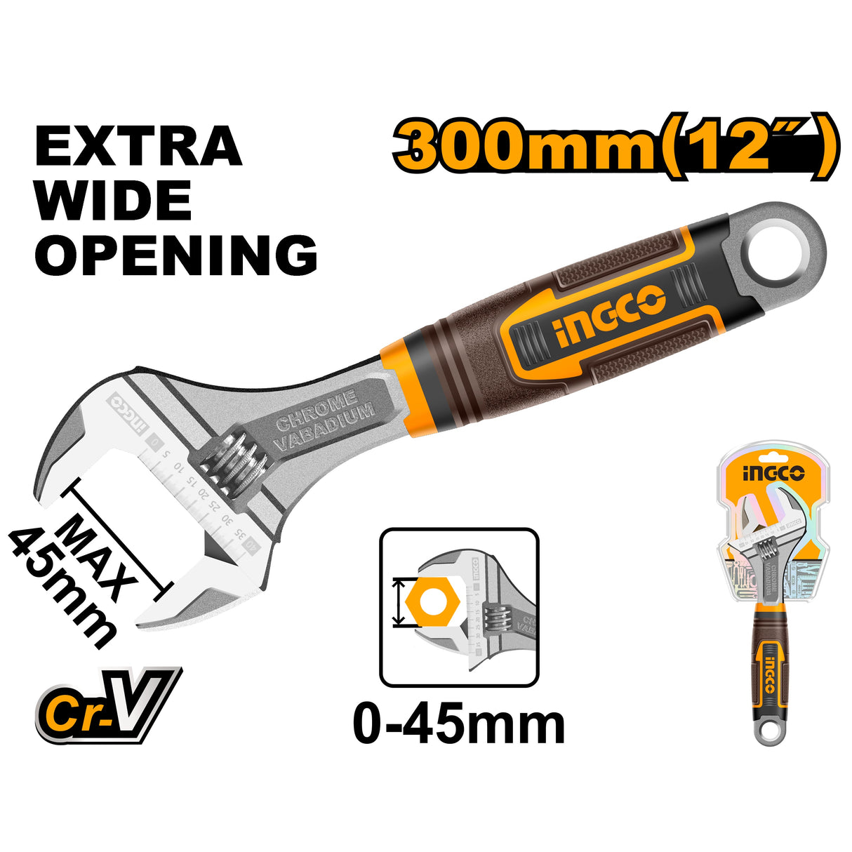 Ingco Industrial Adjustable Wrench CR-V Style Two Tone Soft Handle HADW131128