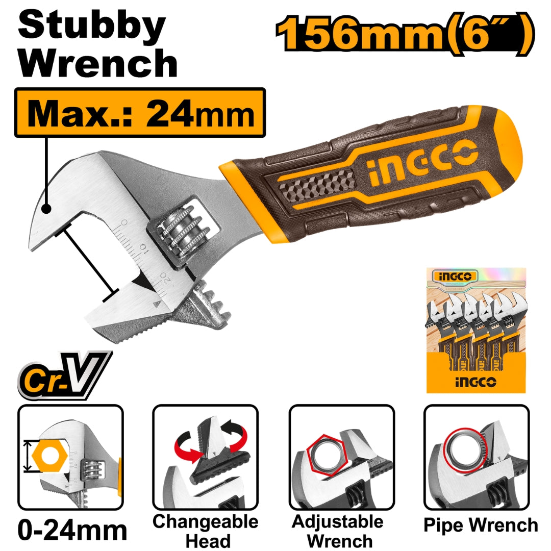 Ingco 2-In-1 Stubby Adjustable Wrench For Hand Tools HADWS088 (IHT)