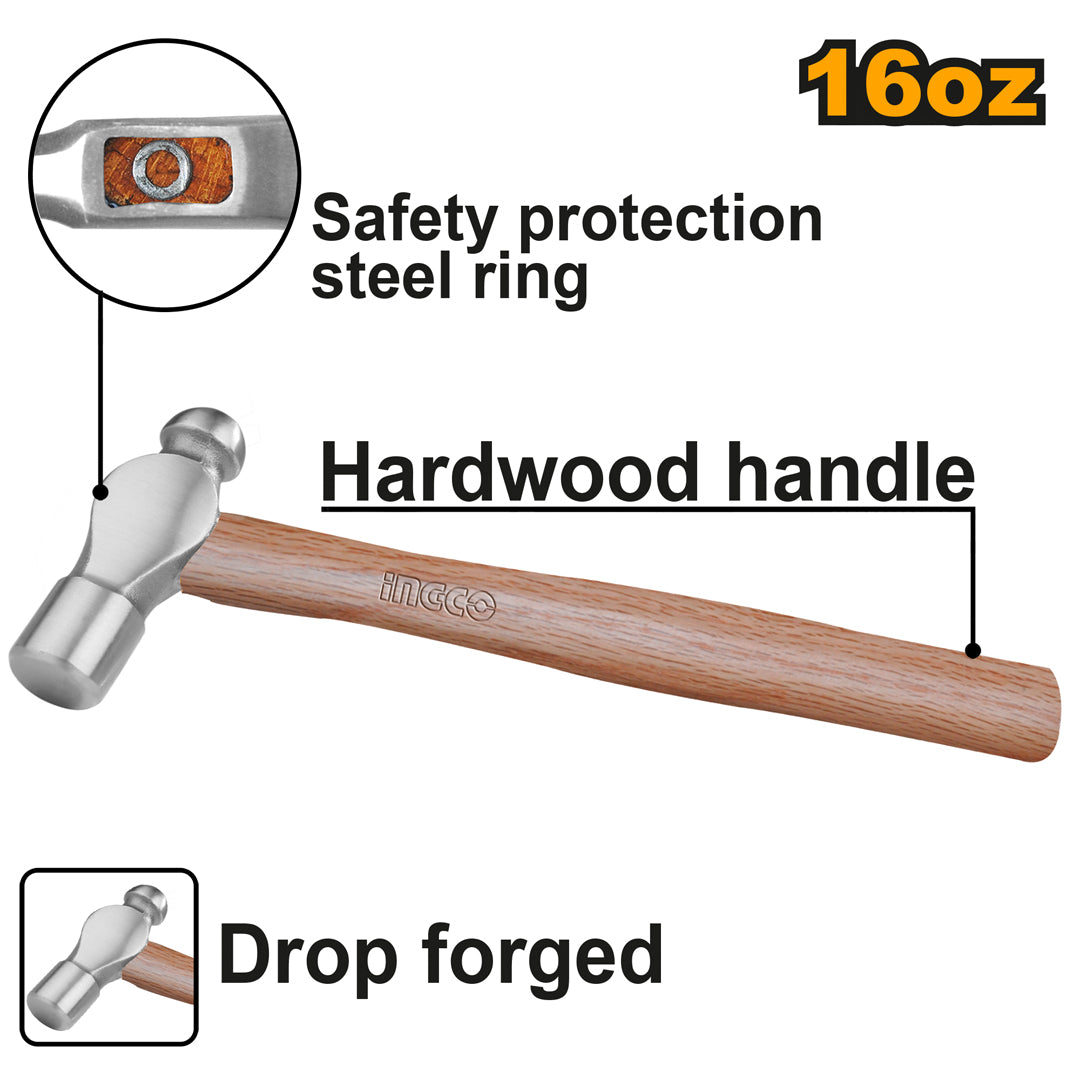 Ingco Wooden Ballpein Hammer 16oz No.45 Carbon Steel HBPH04016