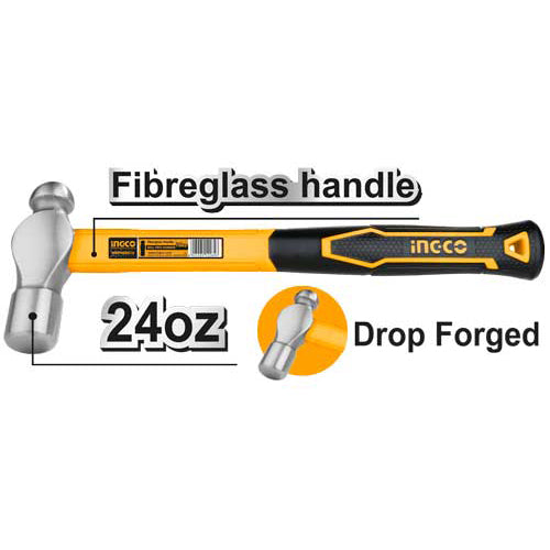 Ingco Ball Peen Hammer 660g / 24oz Fiberglass Handle Hammer Tool HBPH88024