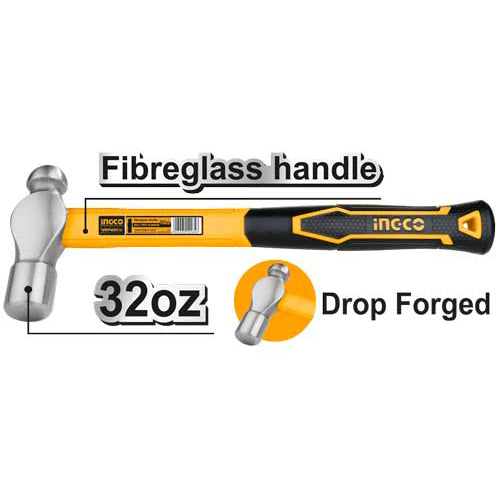 Ingco Ball Peen Hammer 32oz/900g Fiberglass Handle HBPH88032