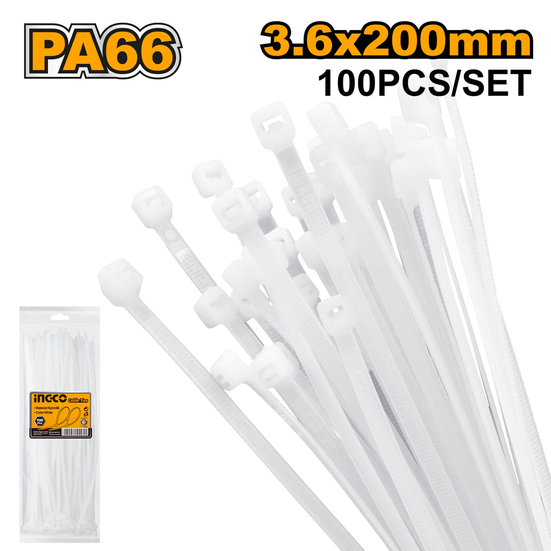 100 Pcs Cable Ties 3.6 x 200 White HCT2001