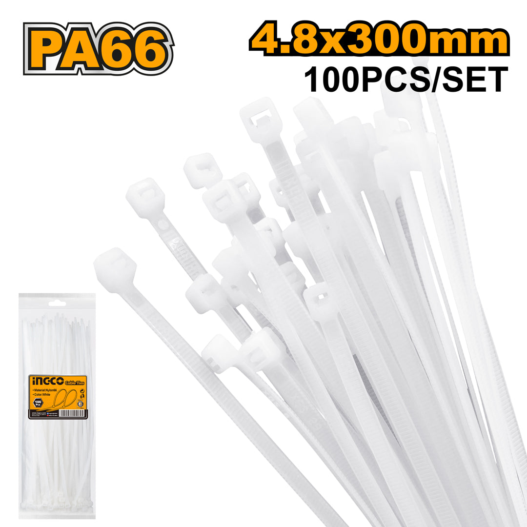 100 Pcs Cable Ties 4.8 x 300mm White HCT3002