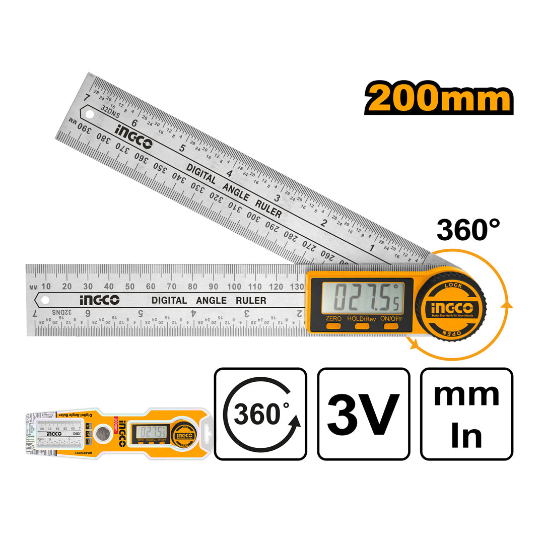 Ingco Stainless Steel Digital Angle Ruler 0-200mm (7") HDAR20701