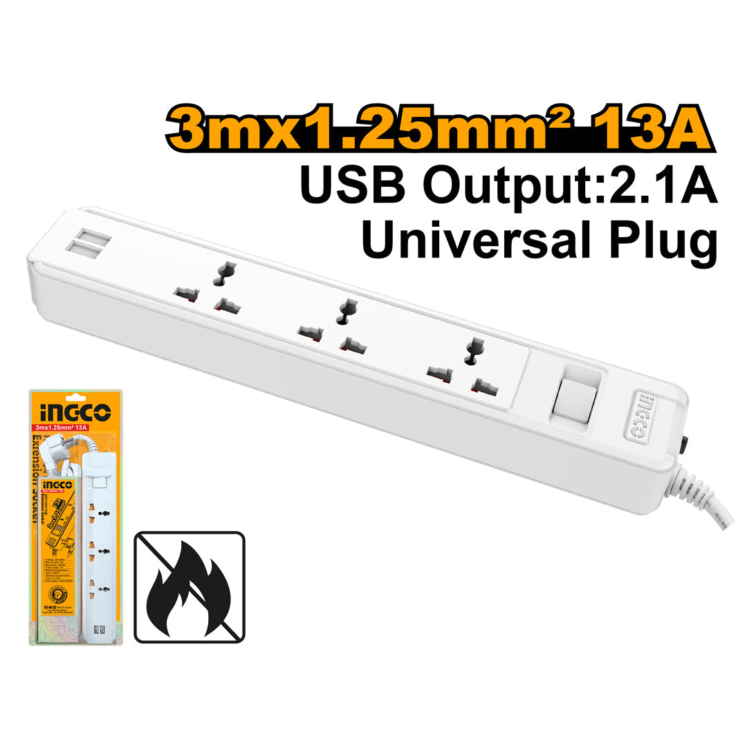 Ingco 3 Way Extension Cord Cable Wire Universal Socket with USB HES13041VSB - Winland Depot