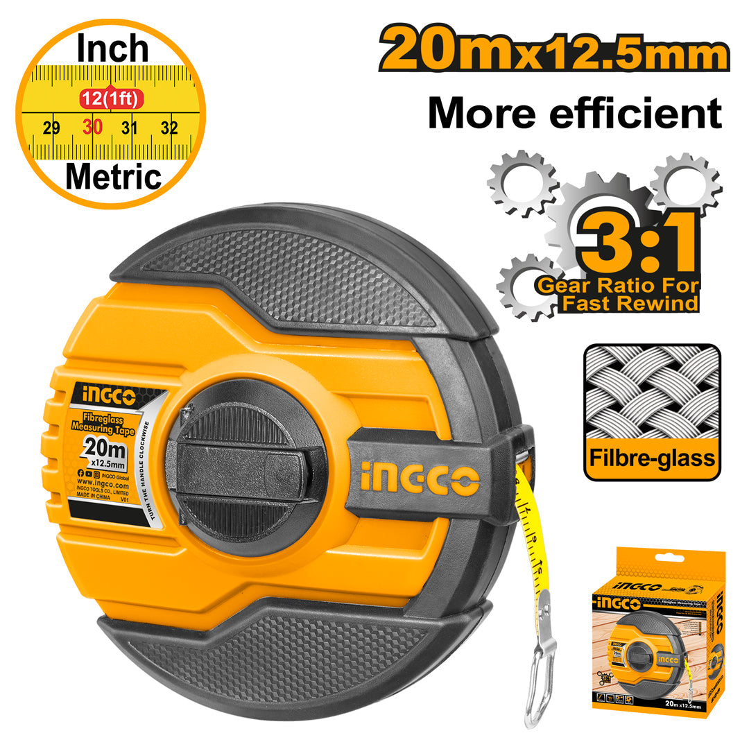 Ingco Tape Measure Fibreglass 20m x 12.5Mm Metric & Imperial HFMT8320