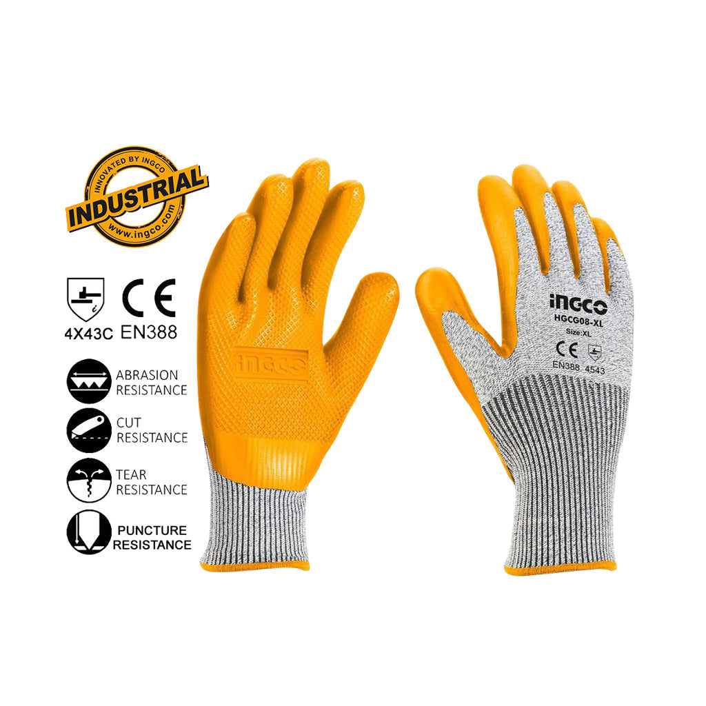 Ingco Industrial High Grade Polyester Shell Cut-Resistance Latex Gloves HGCG08-XL