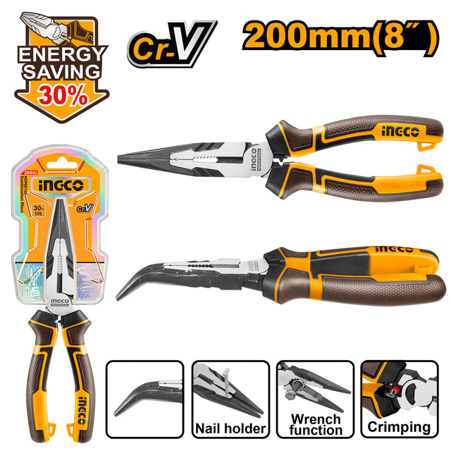 Ingco 8 Inches High Leverage Bent Nose Pliers Cr - V Steel Material HHBNP28201 - Winland Depot