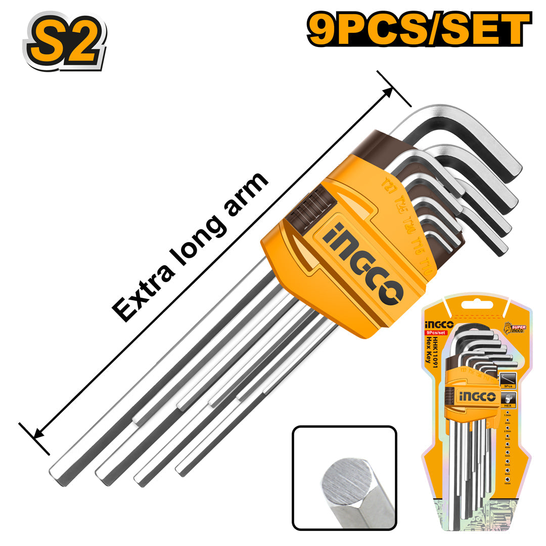 Ingco 9Pcs Hex Key Set Extra-Long Arm with CR-V Material HHK11092