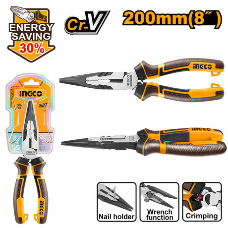 Ingco 8 Inch High Leverage Long Nose Pliers CR - V HHLNP28200 - Winland Depot