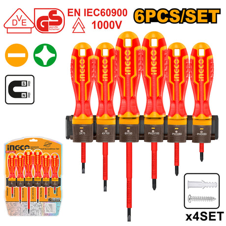 Ingco 6 Pcs VDE Insulated Flat Phillips Handle Screwdrivers Set HKISD0608 - Winland Depot