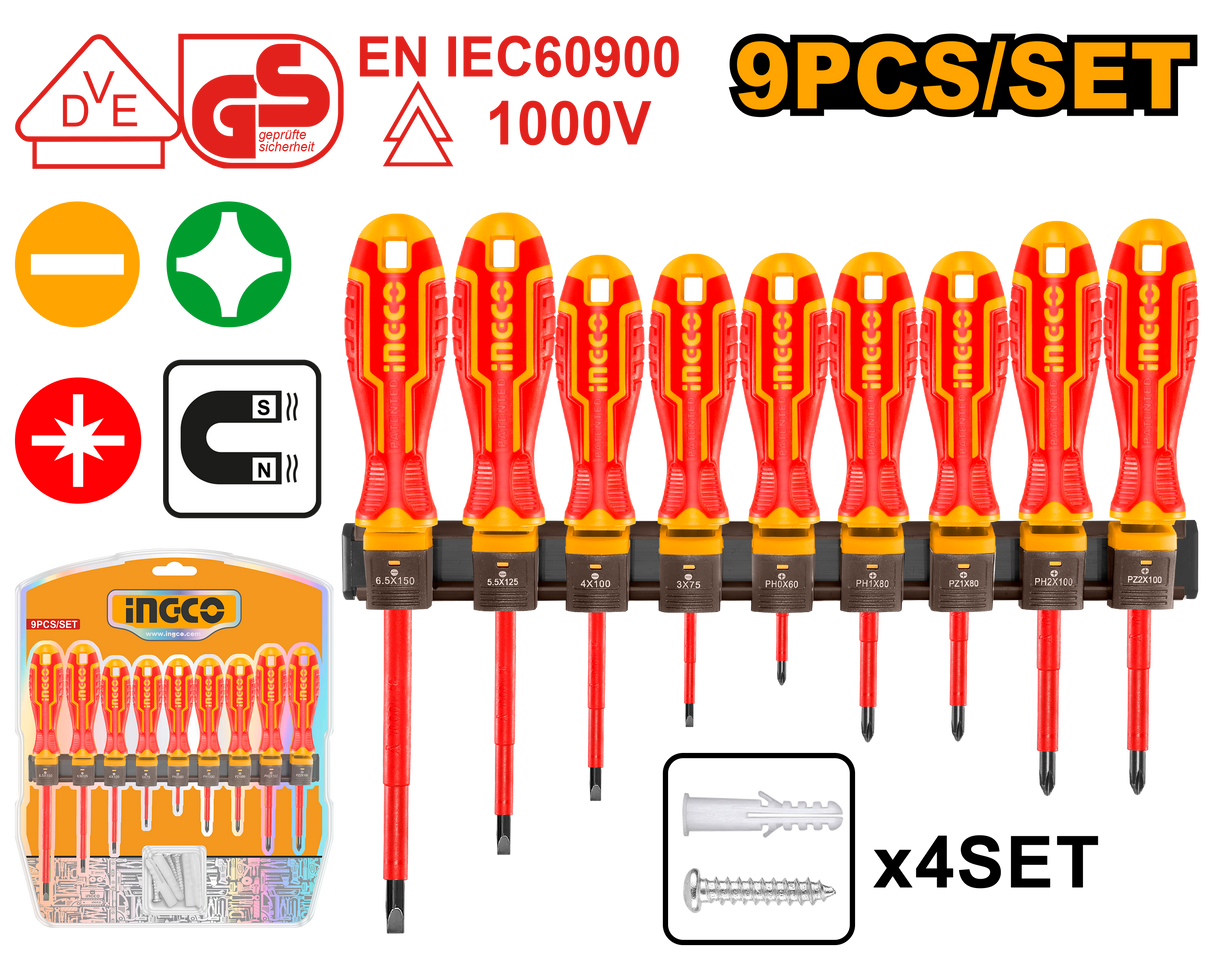 Ingco  9PCS/Set 1000V, VDE+GS Material Insulated Screwdriver Set HKISD0908 ING-HT