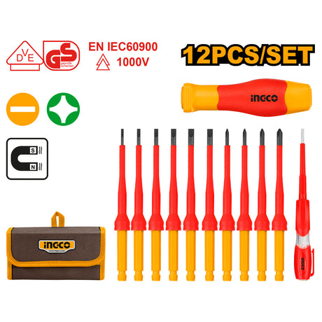 Ingco 12 Pcs Interchangeable Insulated Screwdriver with Voltage Tester Set 1000V HKISD1201 - Winland Depot