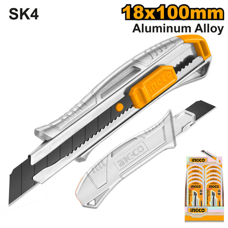 Ingco 18mmx 100mm Super Select Aluminum Body Snap - Off Blade Utility Knife Cutter HKNS11807 - Winland Depot