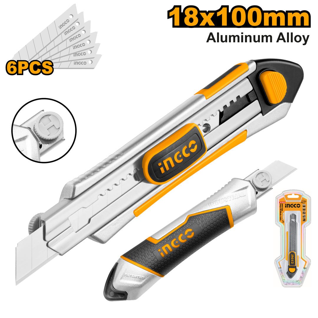 Ingco Snap Off Blades Knife Aluminum Alloy Shell with 6Pcs SK5 Blades HKNS1808