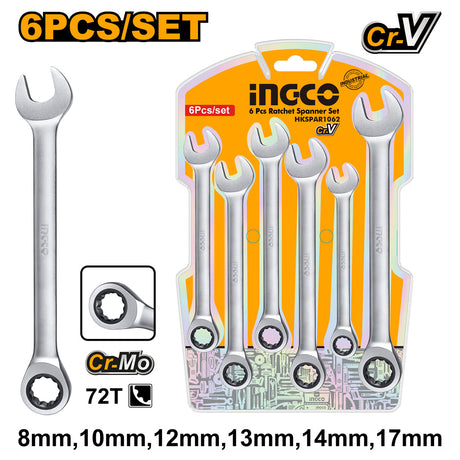 Ingco 6 Pcs Industrial Ratchet Spanner Set 8 - 17mm HKSPAR1062 - Winland Depot