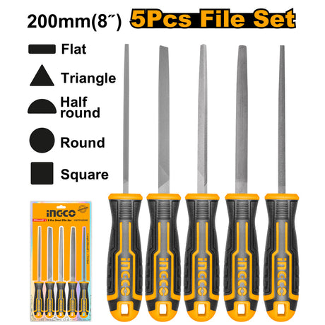 Ingco 5 Pcs Industrial Steel File Set T12 Steel 8" (200mm) HKTFS0508 - Winland Depot