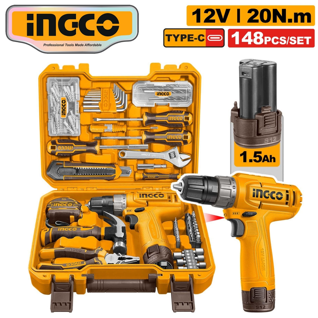 Ingco Lithium-Ion Cordless Drill Driver w/ Household Tool Set  148pcs/89pcs ING-HT