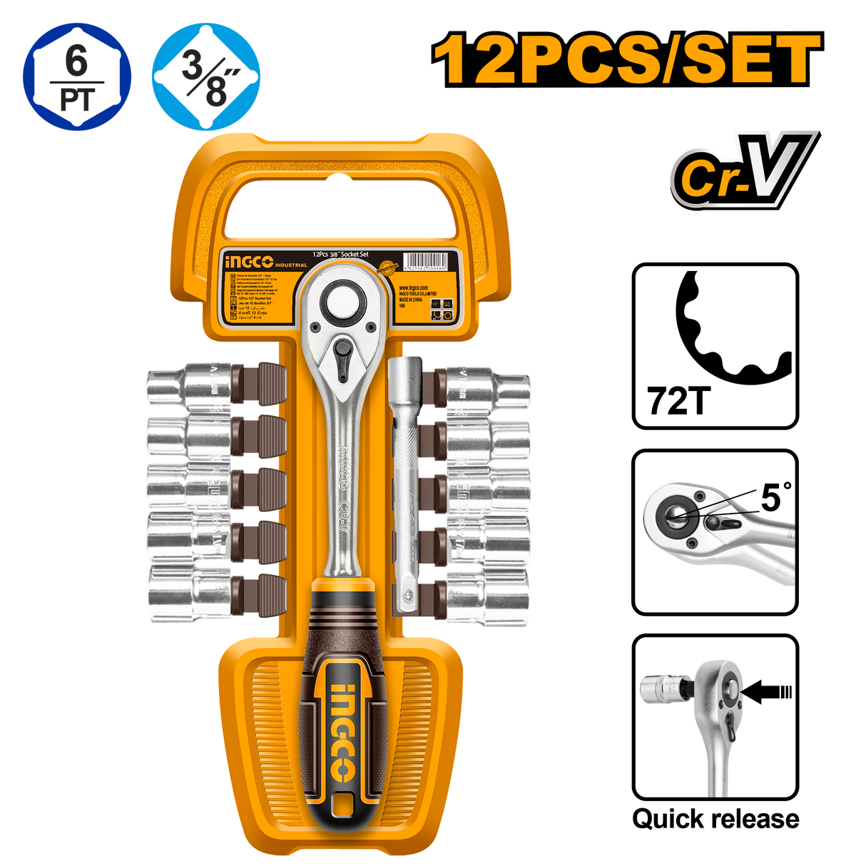 12PCS/SET 3/8inches Socket Wrench Ratchet Spanner Set HKTS38122 ING-AC