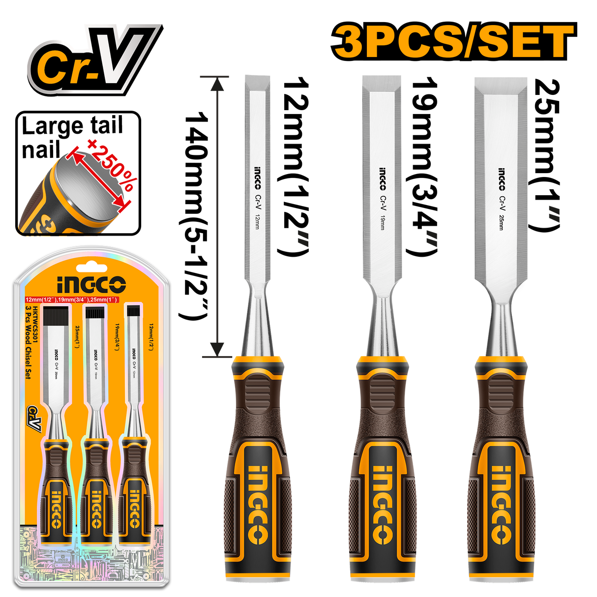 3pcs CR-V Material Wood Chisel Set HKTWCS301 ING-HT