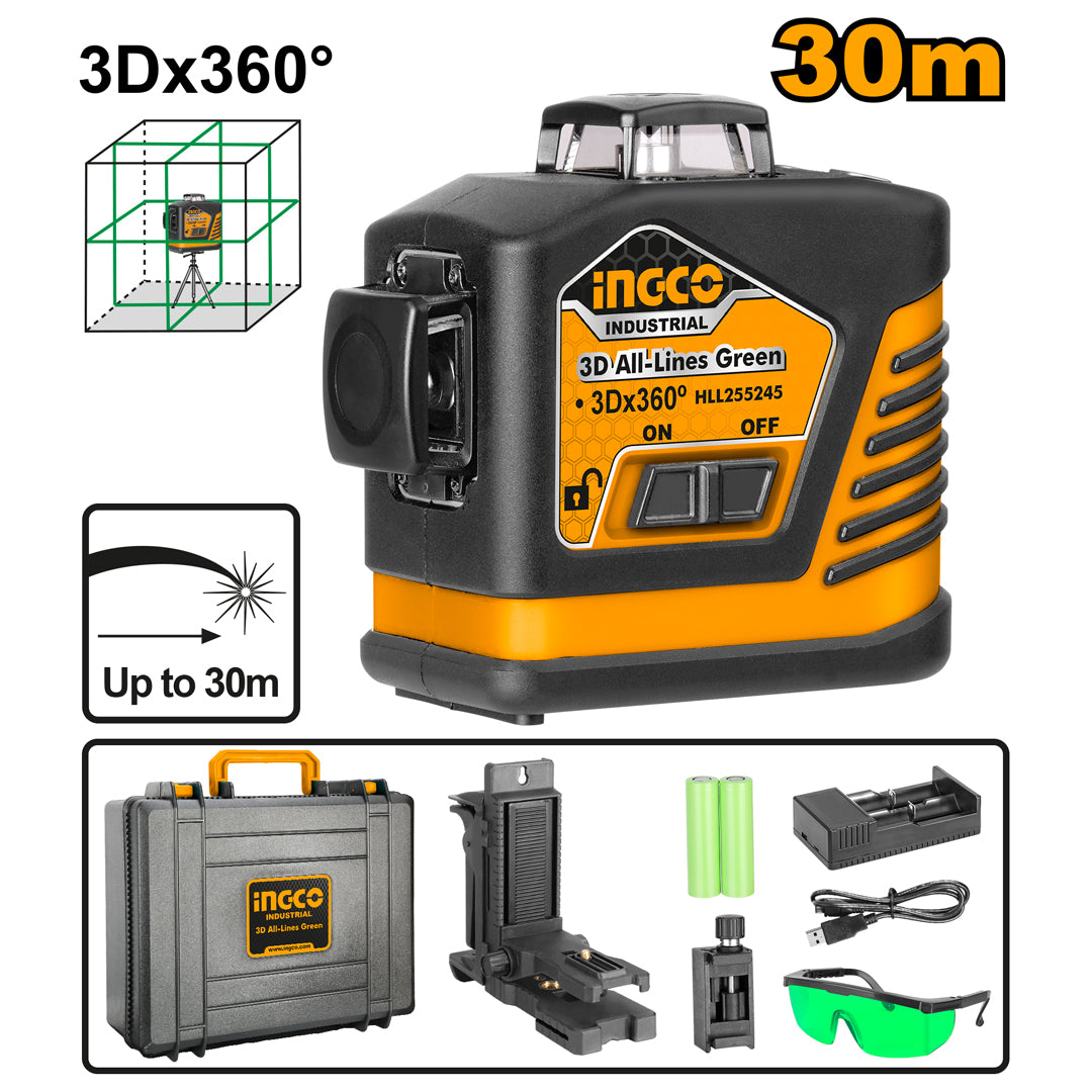 3D x 360 Degree Line Laser Level (Green) 4000 mAh HLL255245